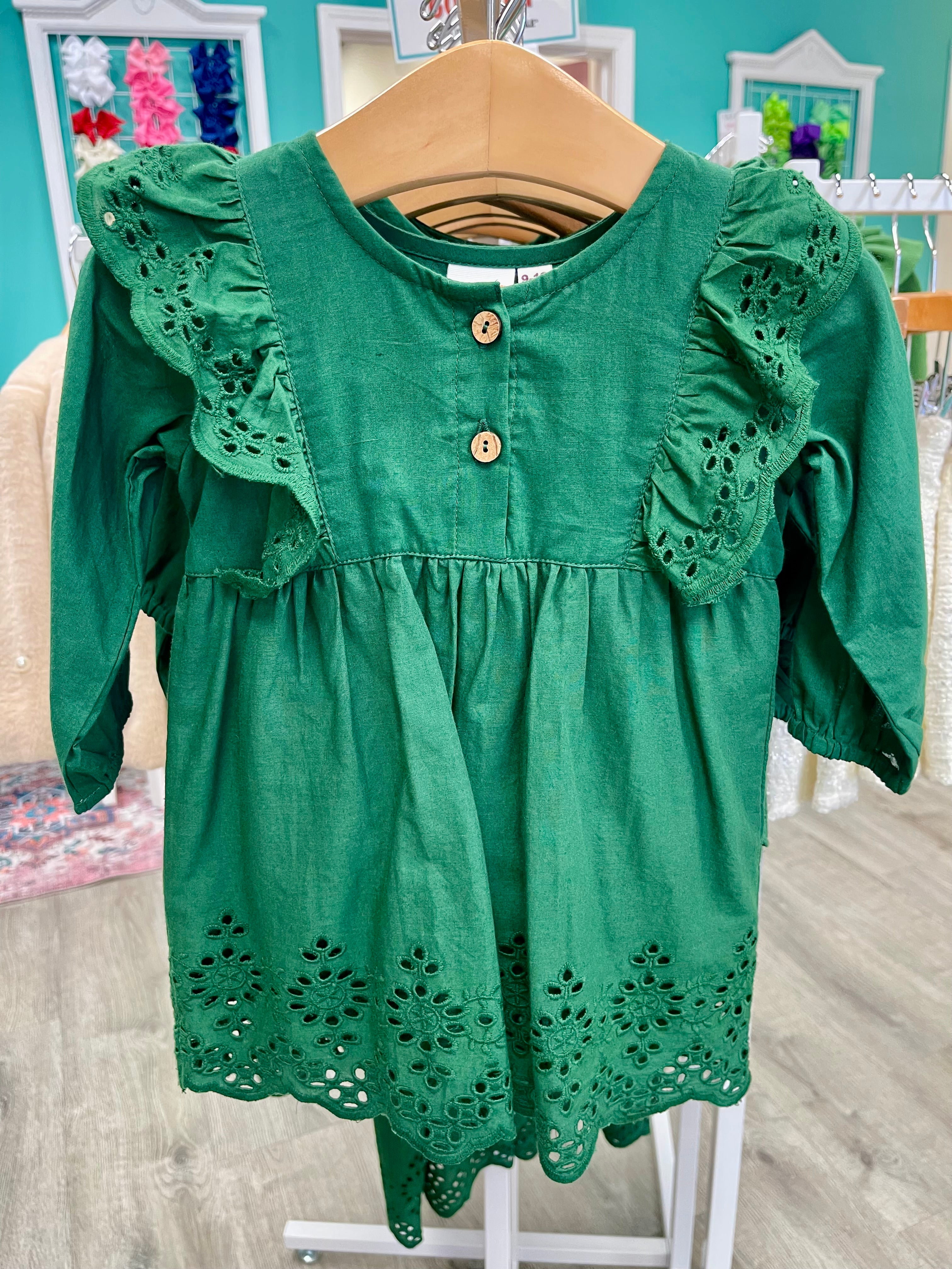 Green Eyelet Baby Dress Set