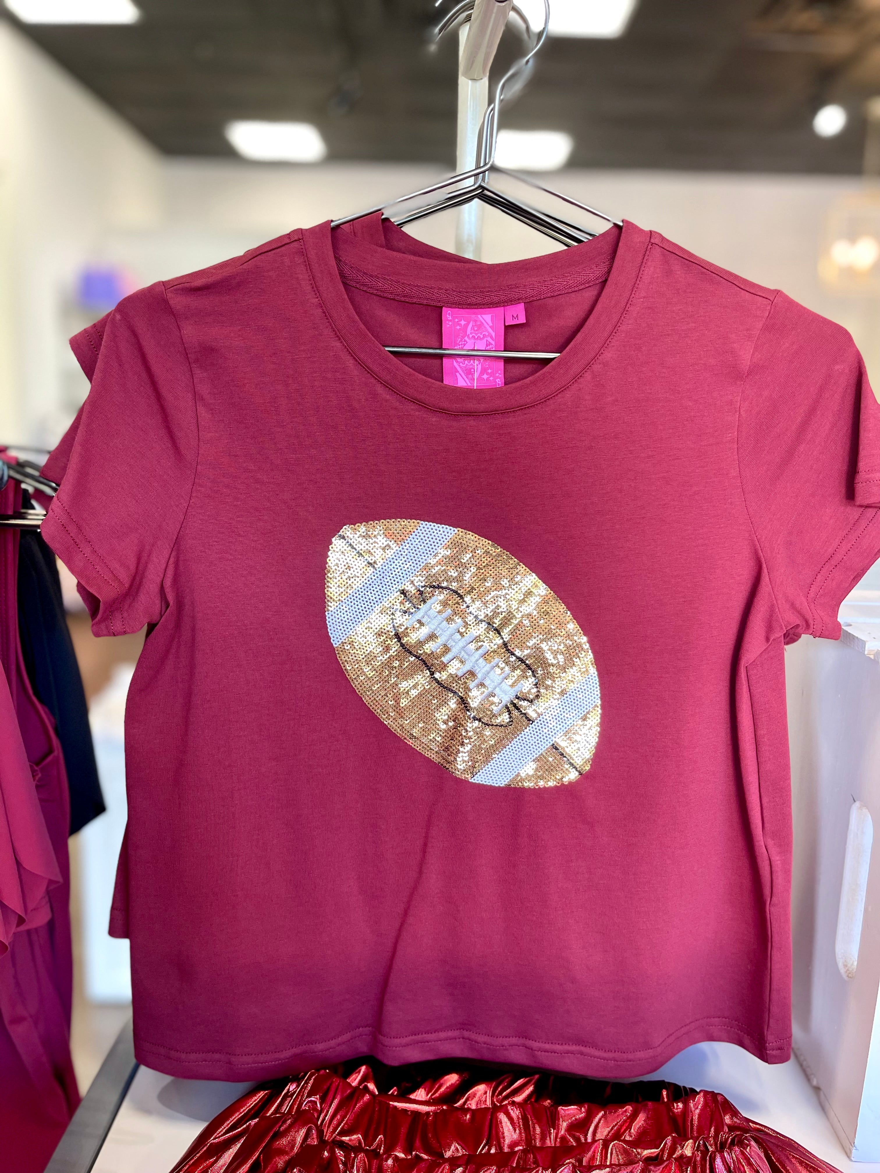 Queen of Sparkles Maroon Gold Sequin Football Tee